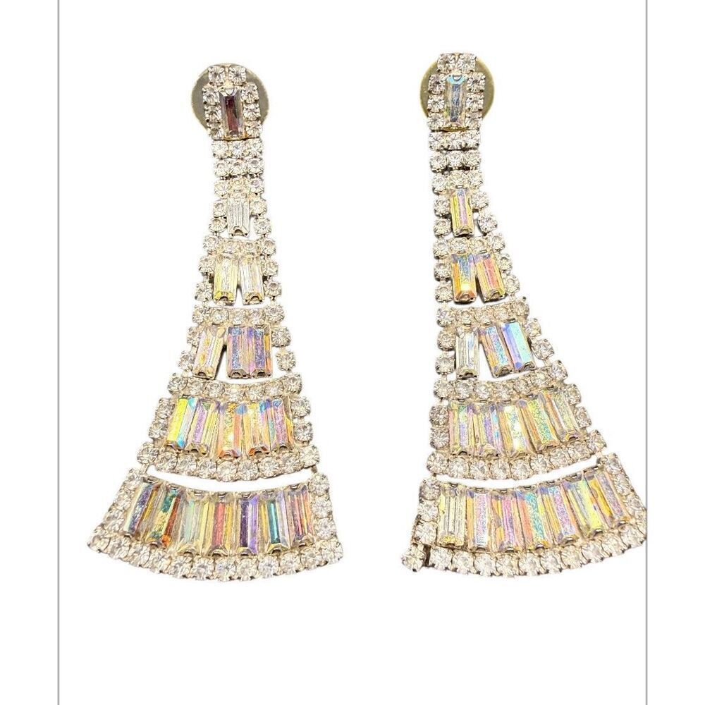 Art Deco Vintage Rhinestone Earrings Pierced 2.5” Waterfall Occasion Event